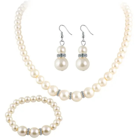 Gold-silver plated inlaid crystal jewlery set pearls earrings necklace & bracele - Picture 2 of 8